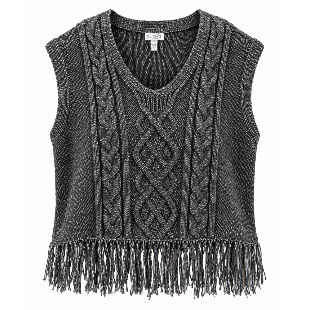 Olivia Sky Womens XL Grey Cable Knit Fringe Hem V-Neck Sweater Vest